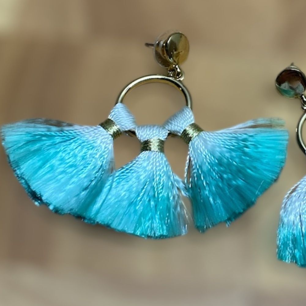 * tassel fringe hoop earrings teal white with gold tone